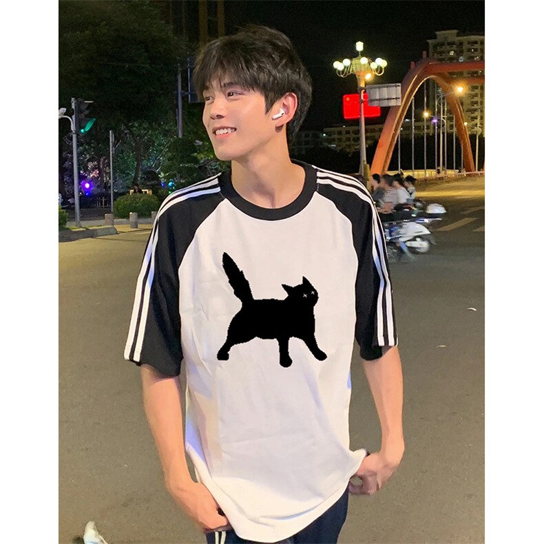 抖音得物品质二开240克宽松纯棉美式潮牌插肩三杠织带短袖T恤，男装T恤，电商A486