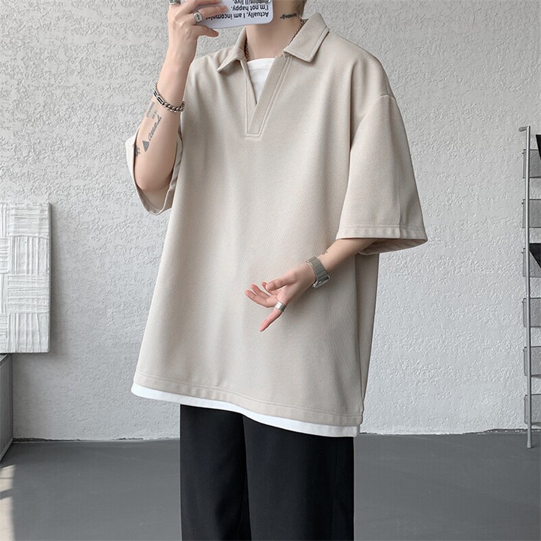 8XL-M假两件V领短袖t恤男夏翻领半袖宽松重磅华夫格大码DT001P40图片