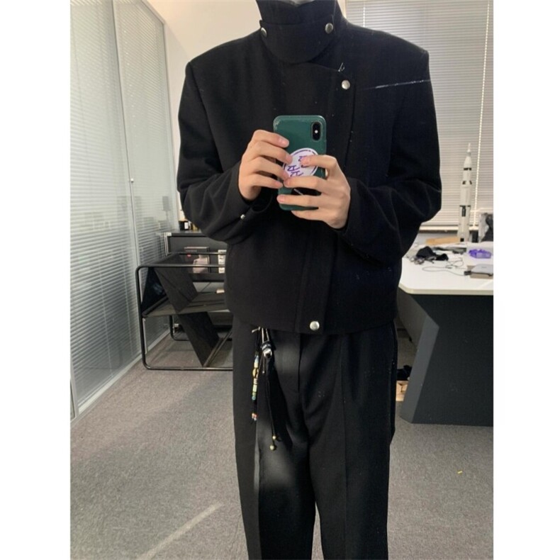 （现货）自制款纽扣斜拉链襟翻领垫肩短款夹克外套男,男装夹克,星座910A
