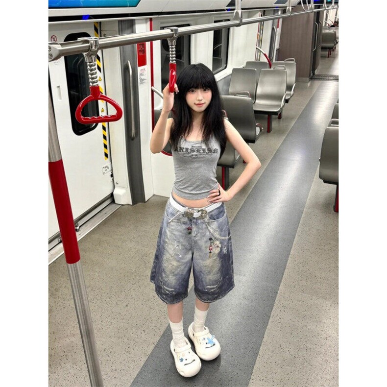 DKN47LL-P60美式复古贴画印花牛仔短裤男宽松直筒七分裤,男装牛仔裤,星座1007（原301D）