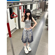 DKN47LL-P60美式复古贴画印花牛仔短裤男宽松直筒七分裤，男装牛仔裤，星座1007（原301D）