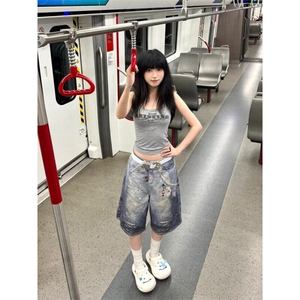 DKN47LL-P60 美式复古贴画印花牛仔短裤男宽松直筒七分裤图片