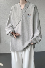 港风宽松打底衫腊肠狗刺绣肌理感V领长袖T恤男T51122-特P28控48，男装T恤，电商A001-1