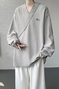 港风宽松打底衫腊肠狗刺绣肌理感V领长袖T恤男T51122-特P28控48图片