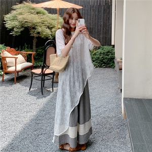 不规则设计感蕾丝上衣套装女夏新款盐甜系小个子拼接半身裙两件套图片