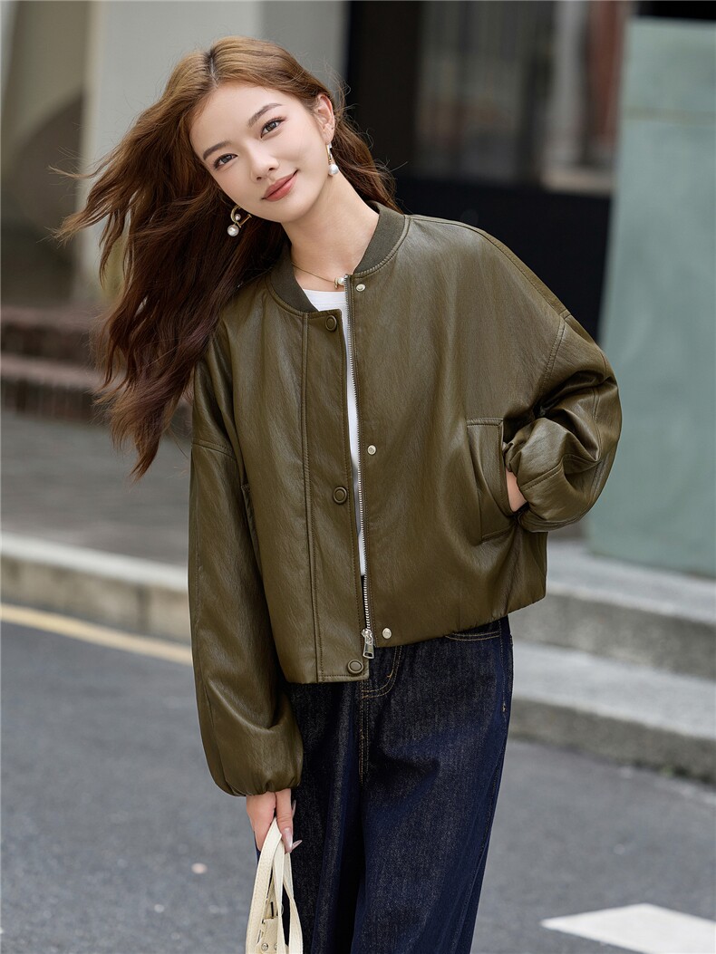 休闲棒球服免洗皮衣外套女2025秋季新款时尚减龄宽松百搭夹克上衣,女装皮衣,魅衣本色