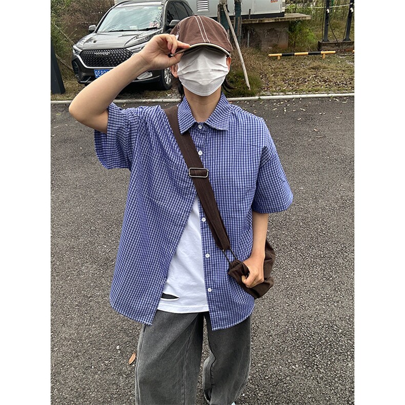 格子衬衫春夏美式短袖衬衫港风情侣装休闲衬衣CS286-P30,男装T恤,星座301C-5