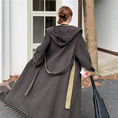 兜帽系带拼色双面羊毛呢大衣--2B72--8621--P245--K328，女装双面呢大衣，乐吉娜