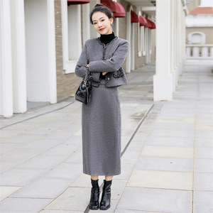 欧货羽绒服小香风短外套气质半身裙两件套女冬毛呢半身裙套装图片