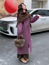 现货2025秋冬新款双面羊毛大衣女中长款韩系宽松带围巾羊毛呢外套，女装双面呢大衣，琦鑫阁（原依鑫阁）
