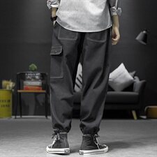2021春秋季新日系沙发大码男多口工装袋大裤脚阔腿牛仔裤N8026-P50，男装牛仔裤，电商A001