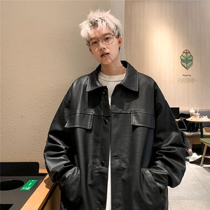 港风工装口袋鳄鱼纹PU皮衣潮流情侣大码夹克皮衣男JK7757P90控128图片