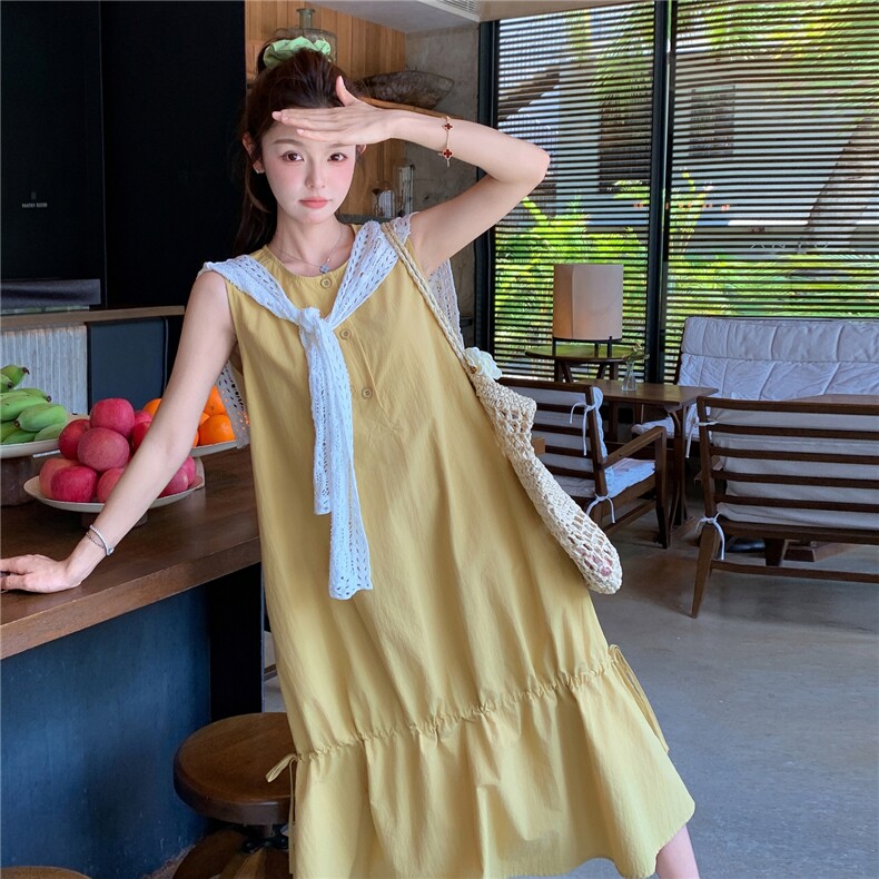 2025巨好看的黄色减龄连衣裙女夏季新款松弛感韩系抽绳无袖A字裙,女装连衣裙,2C166