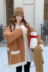 咖色复古双面穿麂皮绒羊羔毛外套女2025冬季保暖加厚皮毛一体棉服，女装羊羔毛/颗粒绒，乐吉娜