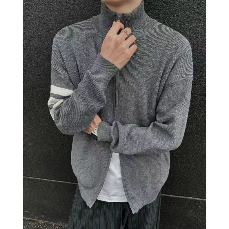 美式立领开衫毛衣男秋潮牌设计感条纹针织衫高街情侣外套MY1962图片