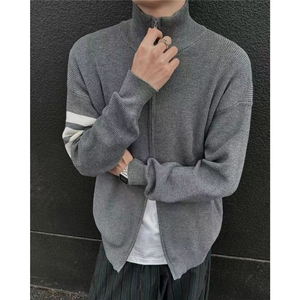 美式立领开衫毛衣男秋潮牌设计感条纹针织衫高街情侣外套MY1962图片