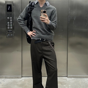重磅北极绒假两件衬衫领毛衣美式高街复古休闲慵懒纯色翻领针织衫图片