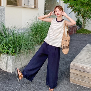 时尚减龄条纹无袖小衫阔腿裤套装女2025夏新款韩系甜美休闲两件套图片