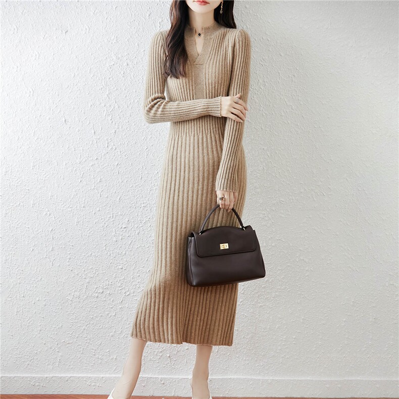 2025年秋季休闲风中长款抽条开领长裙，女装连衣裙，绒汀羊绒