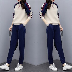 休闲运动套装女2025春秋新款韩版时尚拼接立领宽松跑步卫衣两件套图片