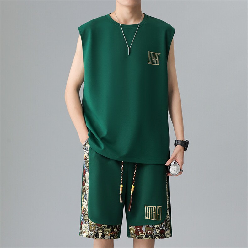 刺绣背心两件套汗衫夏季小熊短裤休闲运动套装男A266-TZ1108-P46图片