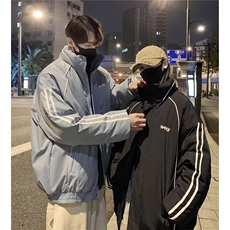 情侣装冬装港风条纹织带棉服棉衣休闲加厚外套男女G1107P118，男装棉衣，电商A339