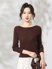 100%超细羊毛杨子纱肌理感树皮花一字领长袖，女装针织衫/毛衣，优麦羊绒（原洪叶羊绒）