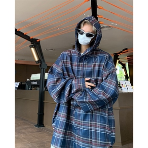 cleanfit格子连帽衬衫男潮流美式复古长袖格纹衬衣外套C21/P60图片