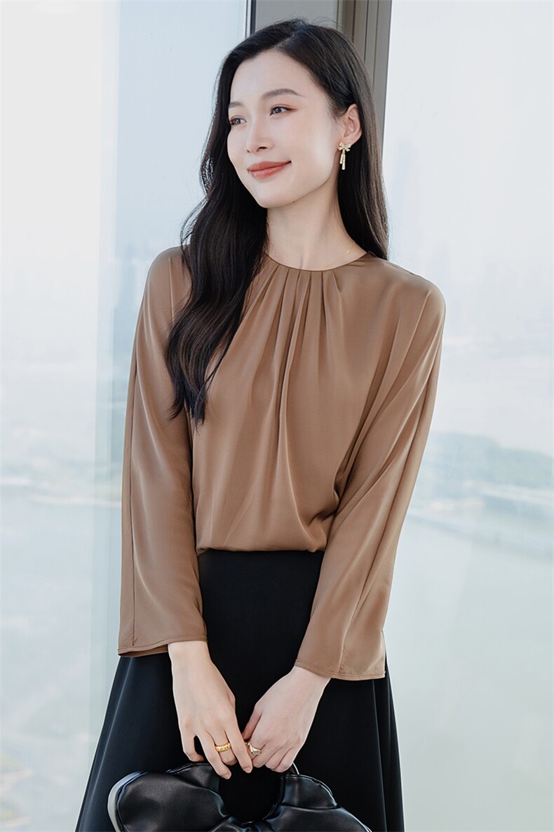 高端真丝上衣女长袖T恤2026春季圆领气质妈妈印花重磅真丝小衫t,女装衬衫,阿舍尔精品
