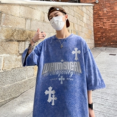 B239-1133-P38美式十字架字母印花复古水洗做旧落肩袖短袖T恤，男装T恤，星座514-2(原B239)