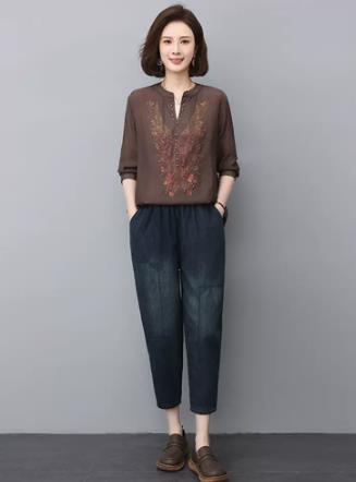 时尚套装女2023春夏新款小个子中年妈妈衬衫牛仔裤初夏休闲两件套,女装套装/套裙,叶笙衣
