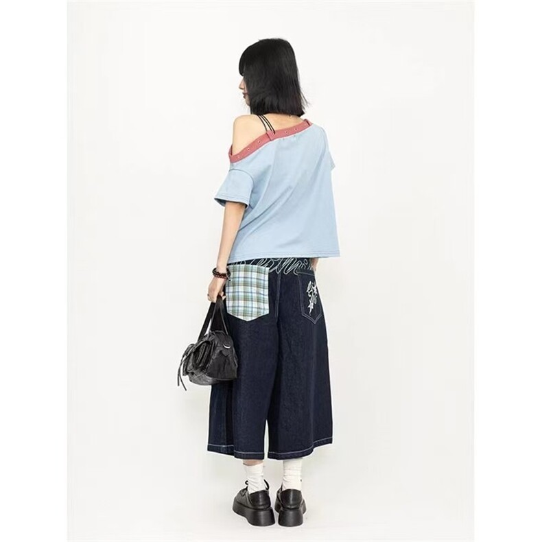 美式高街格子拼接刺绣牛仔短裤女夏季新款宽松直筒中裤阔腿七分裤,男装牛仔裤,星座1210-1