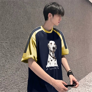 抖音得物品质二开240克宽松纯棉美式潮牌插肩三杠织带短袖T恤图片