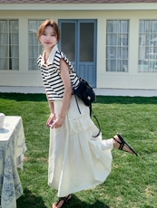韩系穿搭休闲时尚套装裙女2025夏季新款条纹无袖T恤半身裙两件套，女装套装/套裙，慧尚依恋