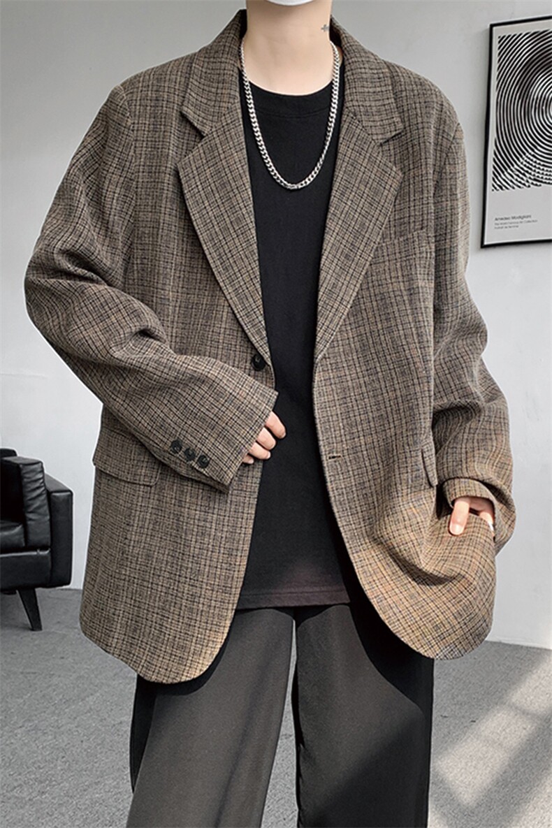 8XL-M美式复古格纹廓形西服外套男痞帅高级感休闲西装XF001P115,男装西服,电商B312