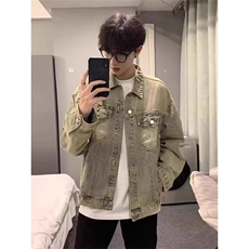 DJKN8003-批55黄泥色工装牛仔春秋季男装水洗及磨砂帅气高端夹克，男装夹克，星座603-2