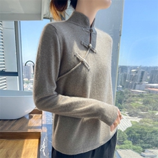 2024秋季新款盘扣纯色高领新中式10%套头衫，女装羊绒衫，昭美羊绒