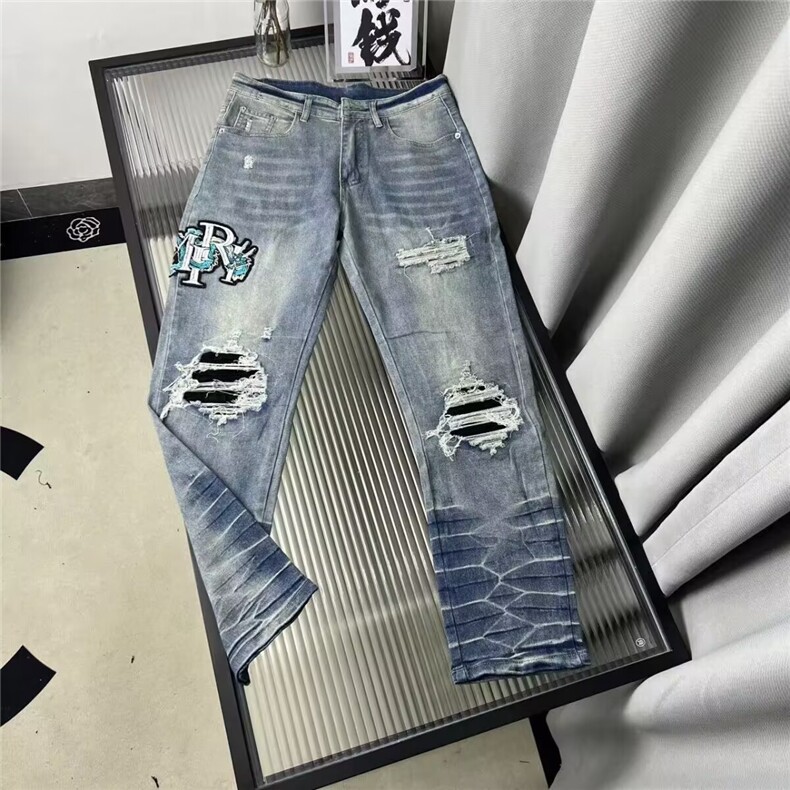 美式高街新款贴布闪电纹牛仔裤男女百搭网红同款潮流ZAM11 P49图片