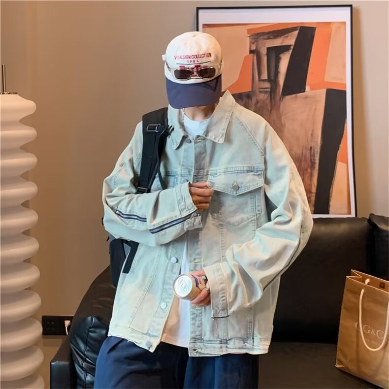 美式高街Vibe黄泥做旧水洗翻领牛仔夹克男FOG复古潮牌拉链外套男，男装工装外套，星座1210-1