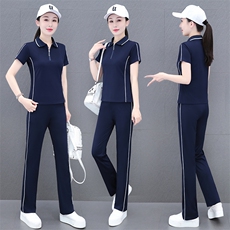 燕颉冰丝运动服套装女夏季2023年时尚洋气翻领薄款短袖休闲两件套，女装套装/套裙，燕颉服饰