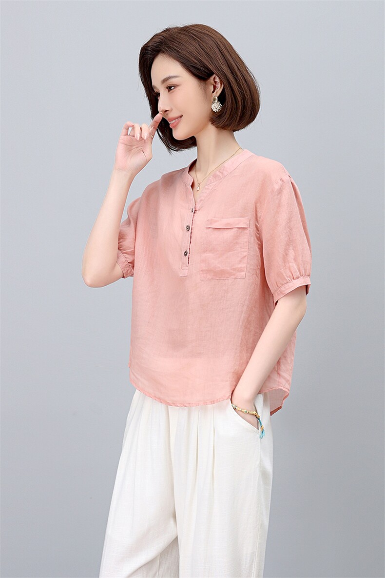 高端面料苎麻新款2025新款中年妈妈大码时尚洋气减龄亚麻,女装衬衫,凝聚力
