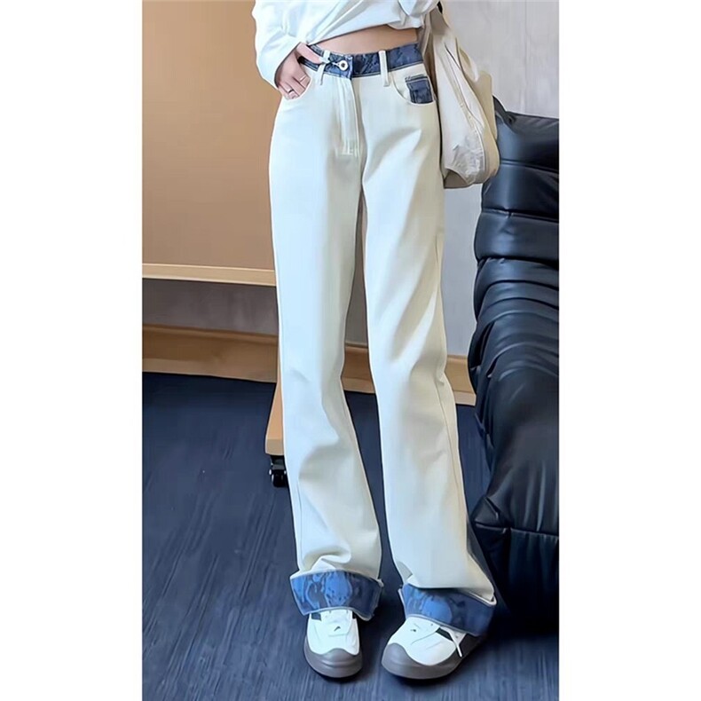 春季美式复古拼接卷边牛仔裤男女通勤阔腿裤百搭休闲裤L84411-P45,男装牛仔裤,星座1008