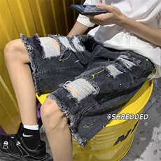 毛边破洞牛仔短裤男夏季潮牌高街宽松街头嘻哈漆点五分裤XX5558，男装牛仔裤，星座208-5