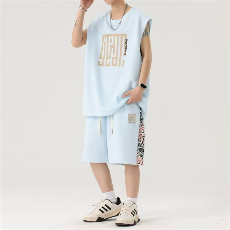 wassuphappy国潮运动短袖套装男士夏季薄款潮牌无袖坎肩一套衣服，男装休闲套装，星座507A（原星座306B-2）