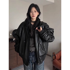 连帽pu皮衣外套男女新款春秋宽松美式假两件皮夹克上衣LB1012-P95，男装夹克，星座1008