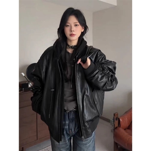 连帽pu皮衣外套男女新款春秋宽松美式假两件皮夹克上衣LB1012-P95图片