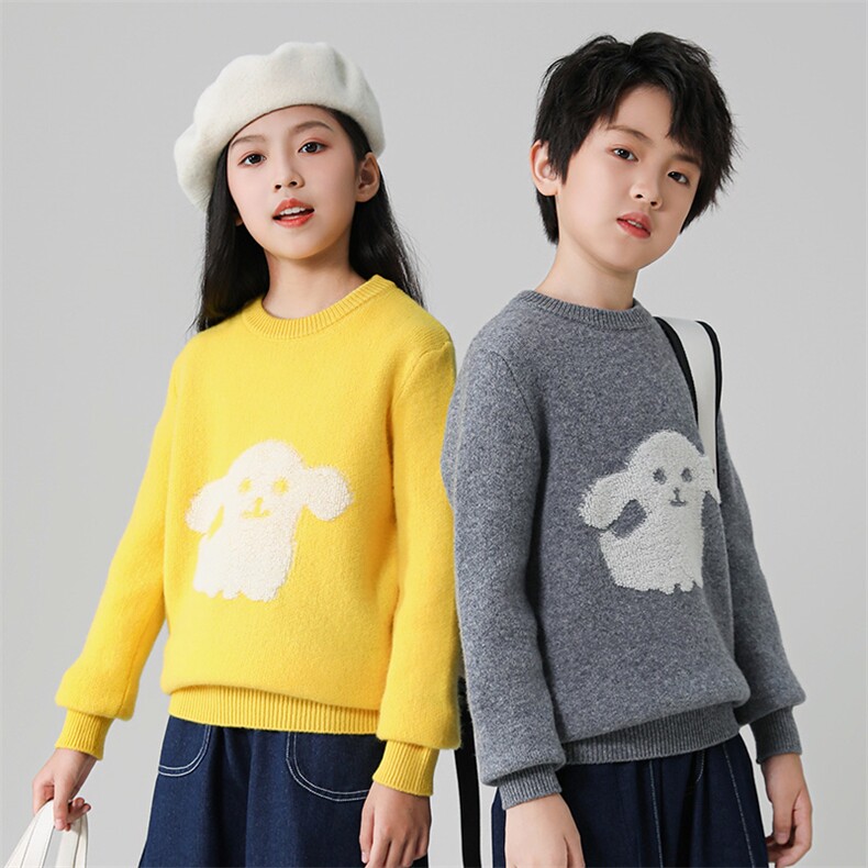 秋冬儿童羊毛衫男女同款提花小狗图案套头毛衣,童装儿童羊毛衫,凯旺羊绒