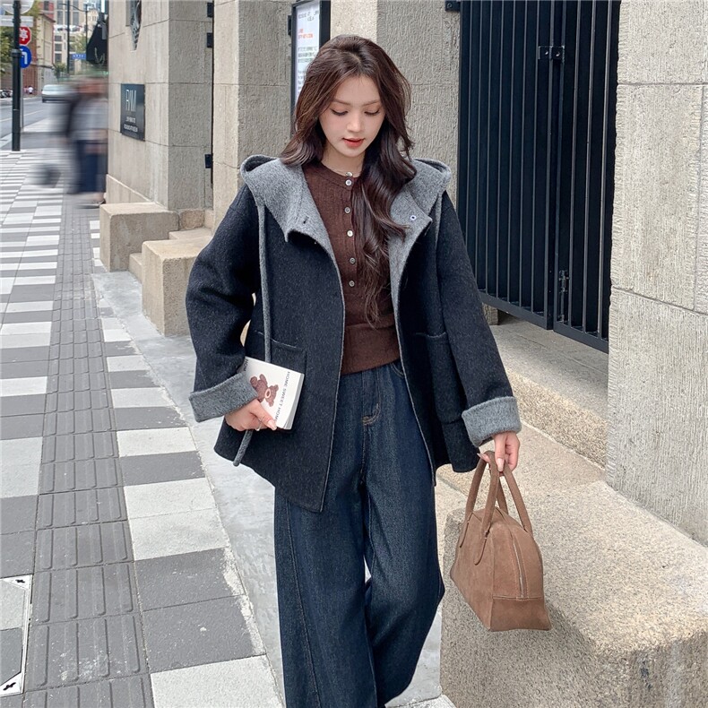 已出带帽撞色呢子大衣2C107-99015-P285-K395,女装羊绒大衣,2C107