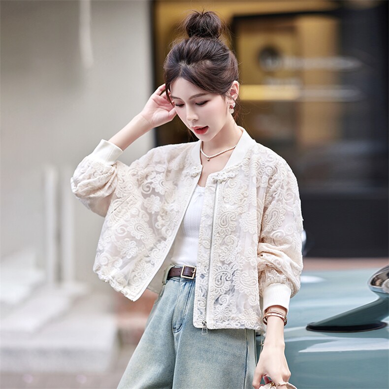 国风蕾丝刺绣棒球服外套女2024春夏新款小个子宽松百搭薄款防晒衣,女装短外套,大掌柜
