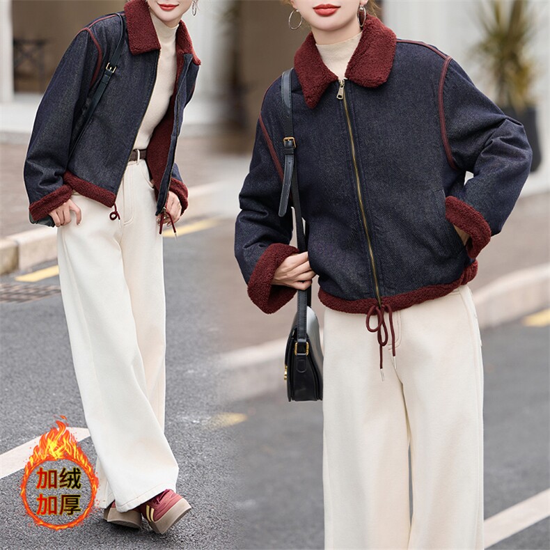 时尚拼接翻领加绒牛仔短外套女2024冬季新款小个子休闲羊羔毛棉服,女装羊羔毛/颗粒绒,美拉德工厂直营店